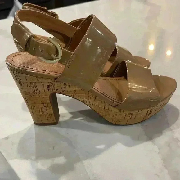 Franco Sarto Shoes - Franco Sarto Frank Nude Cork Block Heels Shiny Strappy Ankle Women’s Size 6.5